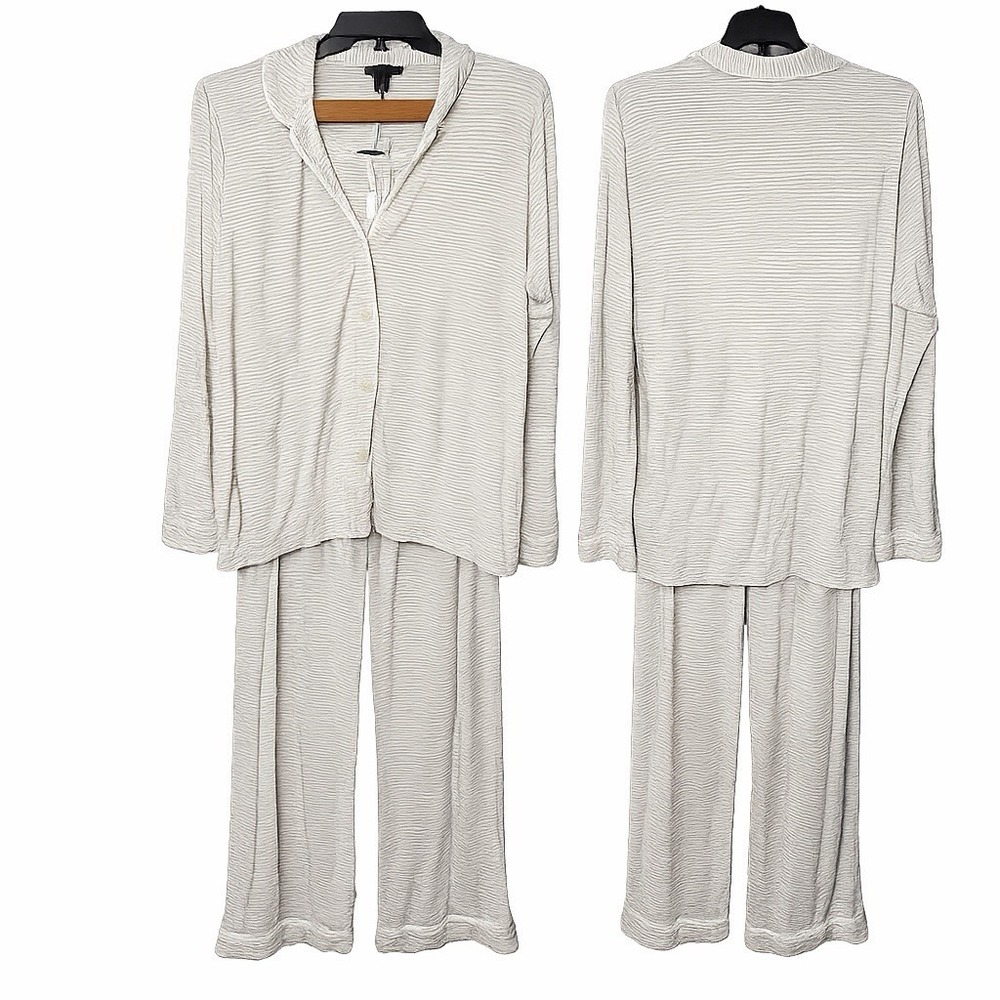 J. CREW Gray White Striped Viscose Blend Stretch 2 Pc Top Pants Pajama Set Sz L